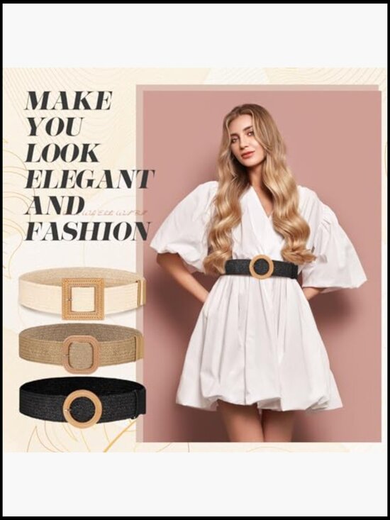 3 Pack Straw Woven Elastic Waist Belt Bohemian Dress Braided Belt main image 2